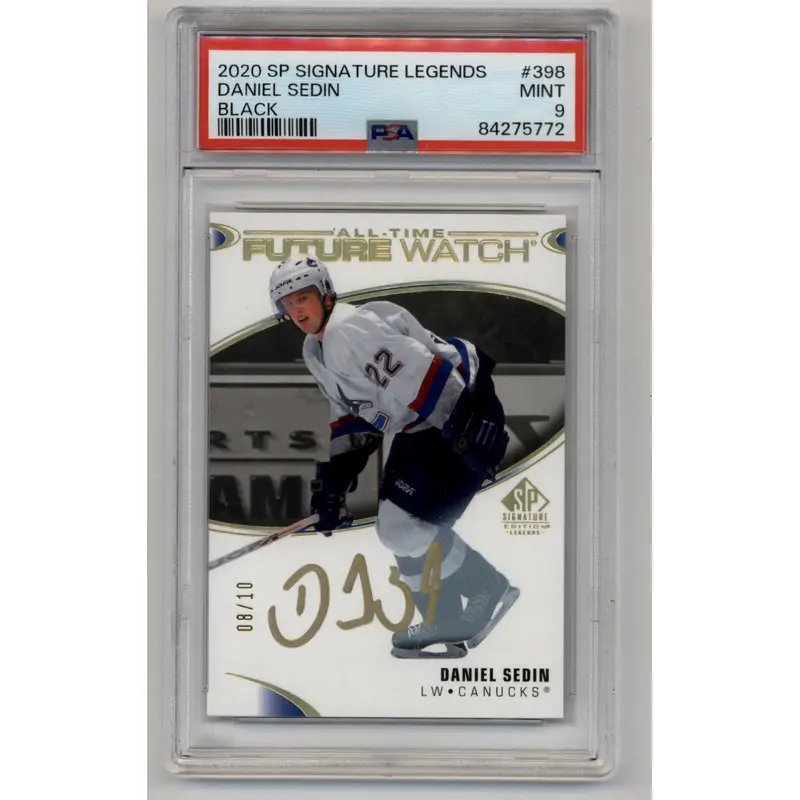 Daniel Sedin 2020-21 SP Signature Legends Black 08/10 PSA 9 Mint