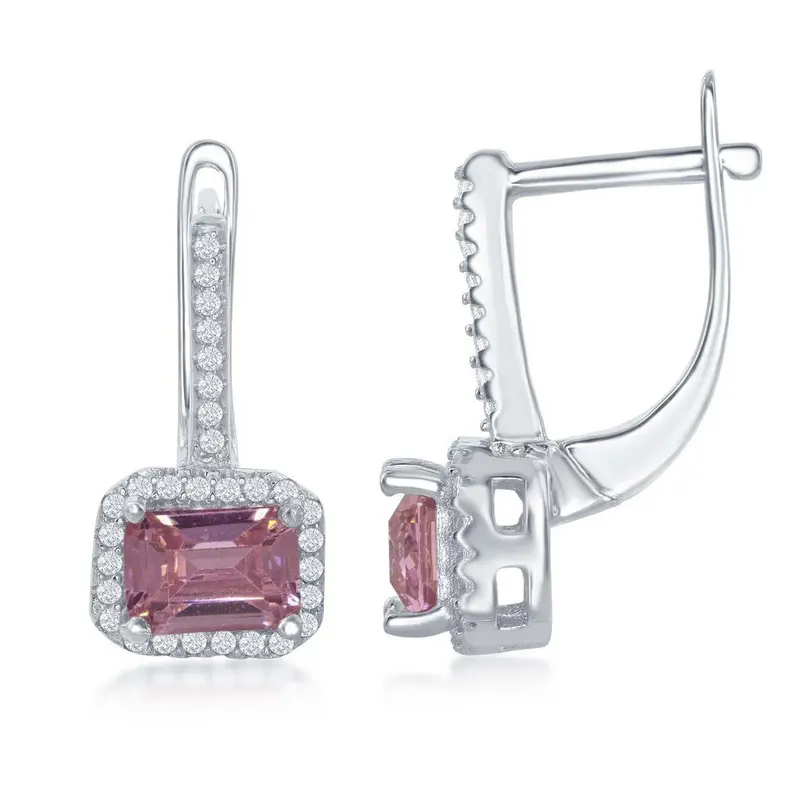 Sterling Silver Four-Prong Pink CZ with CZ Border Earrings
