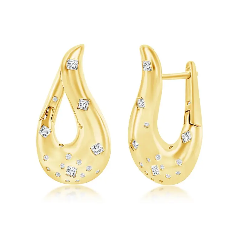 Sterling Silver Scattered CZ Curved Dangle Earrings - Gold Plated