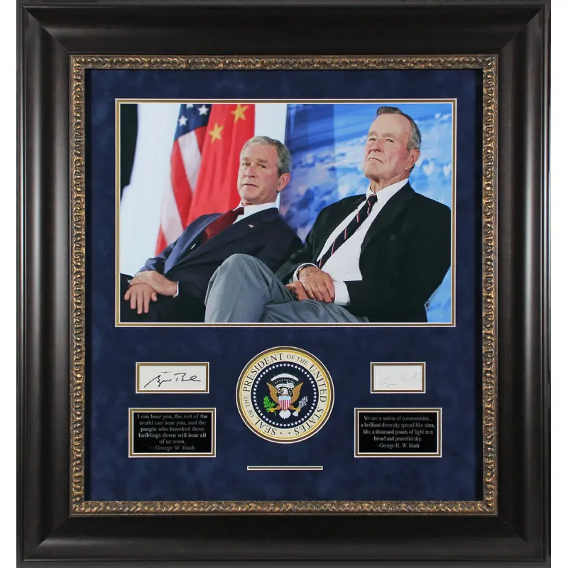 George H.W. Bush & George W. Bush Signed Cut Sig Framed Display BAS #AB76963