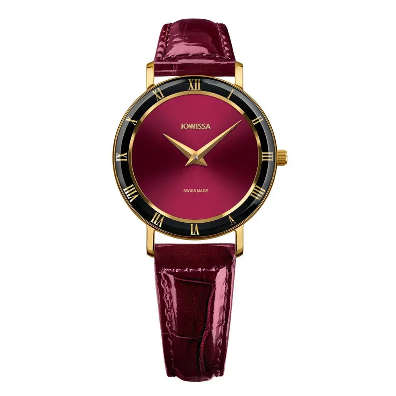 ROMA, Roman Numerals Gold Plated Swiss Quartz Watch, 15mm Band - Black/Burgundy Dial