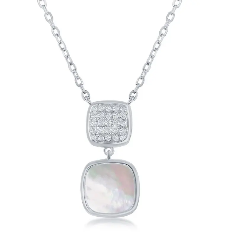 Sterling Silver Micro Pave and Mother of Pearl Double Sqaure Necklace