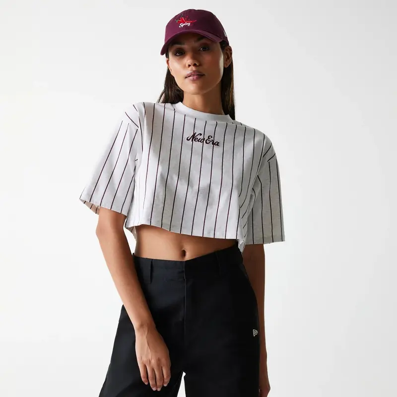 Womens New Era Pinstripe Pastel Grey Crop T-Shirt