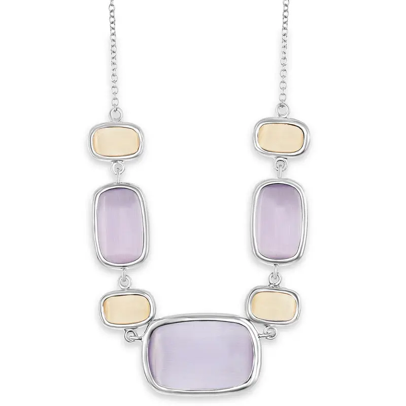 Sterling Silver Alternating Champagne & Light Violet Rectangle Cat's Eye Necklace