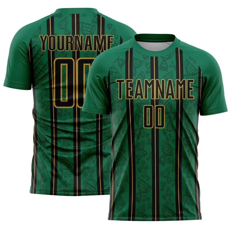 Custom Kelly Green Black-Old Gold Stripe Line Sublimation Soccer Uniform Jersey
