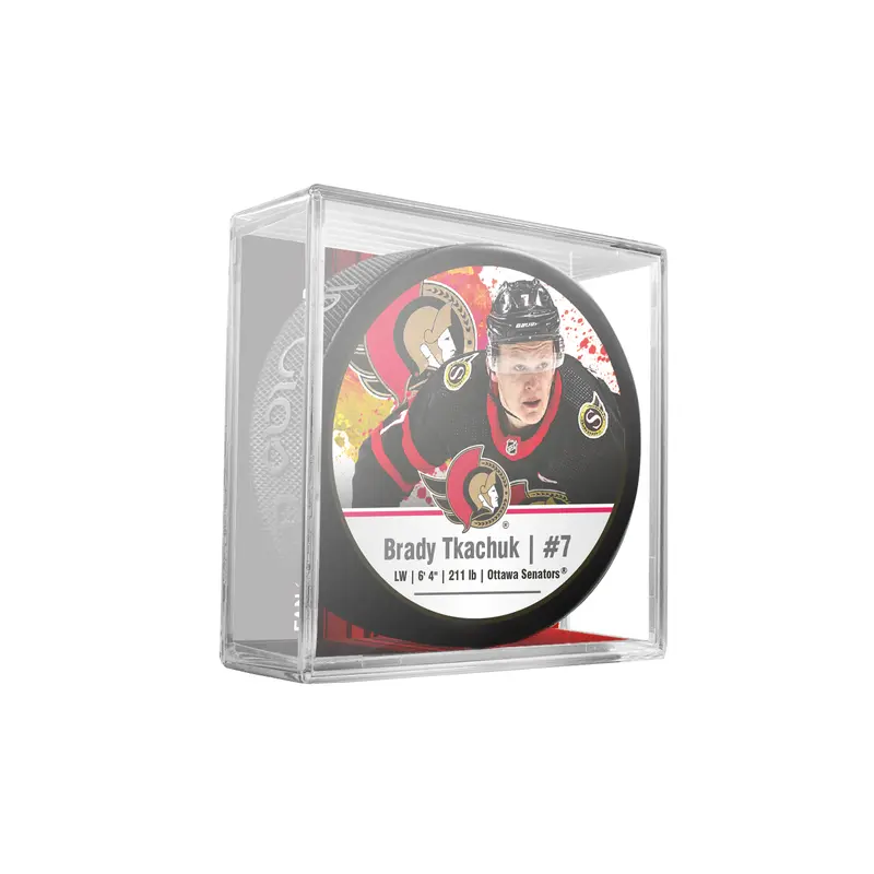 NHLPA Brady Tkachuk #7 Ottawa Senators Souvenir Hockey Puck In Cube