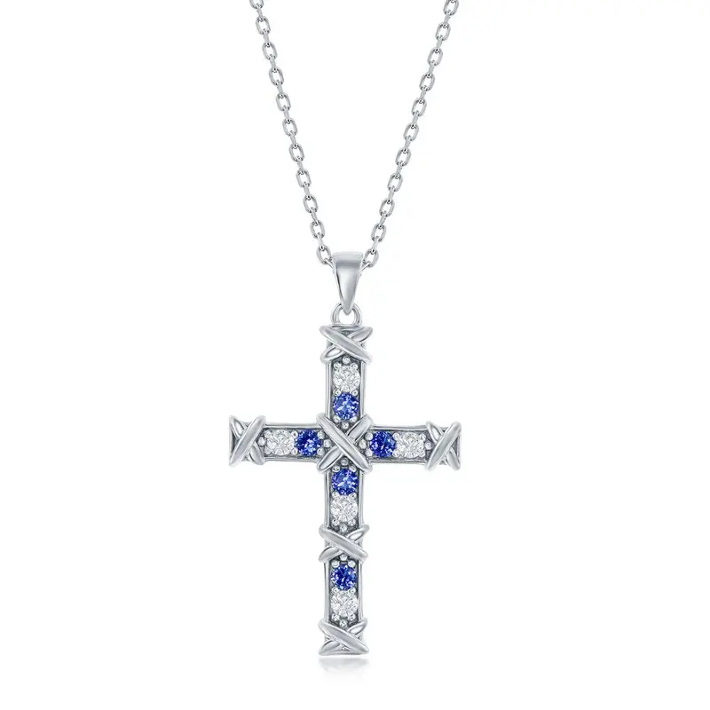 Sterling Silver, CZ Cross Necklace - Sapphire