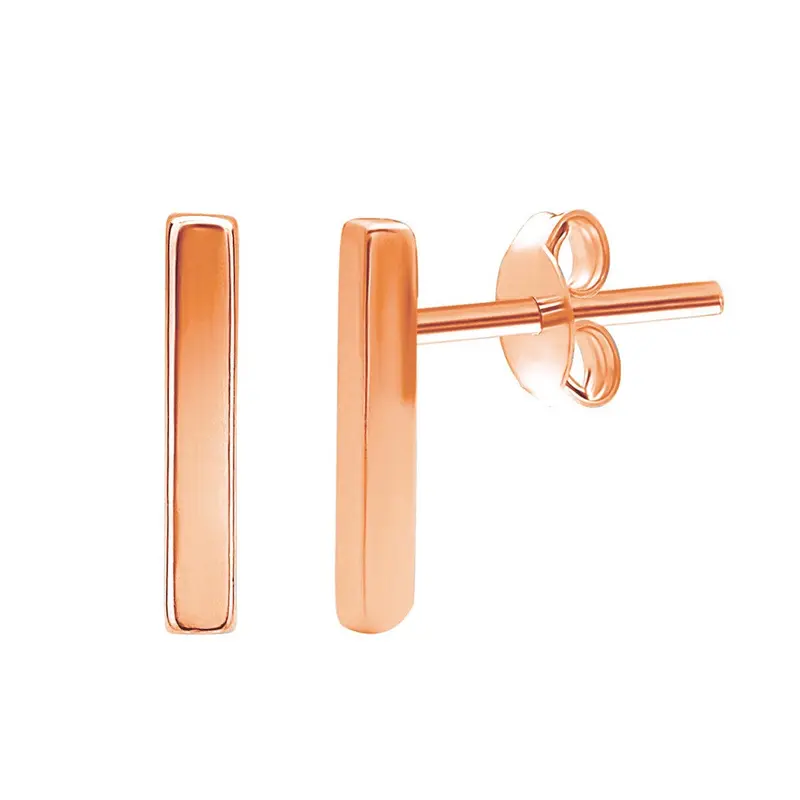 Sterling Silver, Small Thin Bar Stud Earrings - Rose Gold Plated