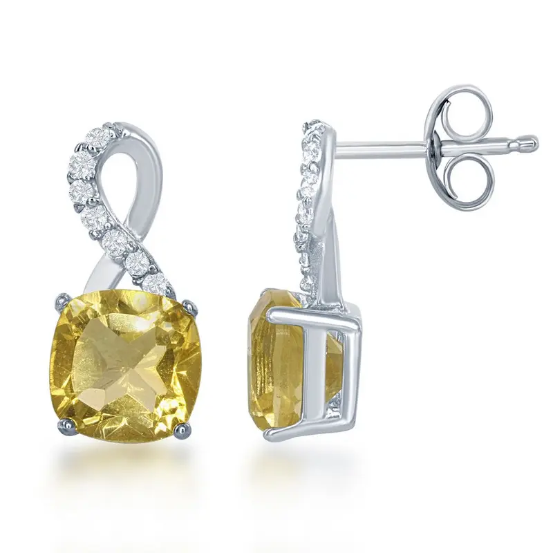 Sterling Silver, White Topaz Earrings, with 6mm Square Gem - Citrine