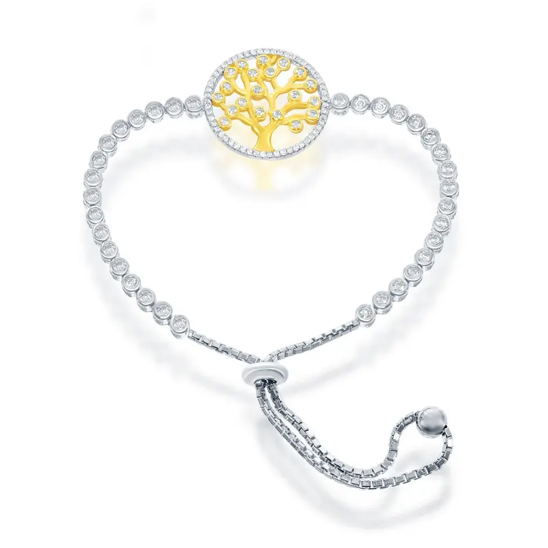 Sterling Silver Adjustable Round CZ Tree Bolo Bracelet - Gold Plated