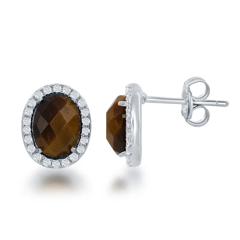 Sterling Silver Oval Brown Tiger Eye with CZ Border Stud Earrings