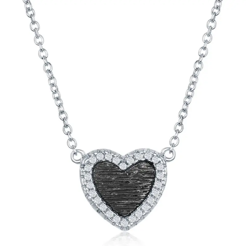 Sterling Silver Small Heart Shaped Elephant Skin with CZ Border Necklace