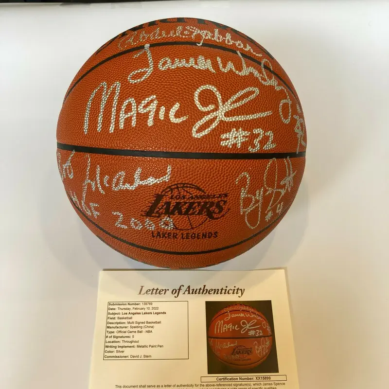 Los Angeles Lakers Showtime Legends Signed Basketball Kareem Magic JSA & PSA DNA
