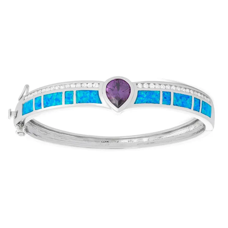 Sterling Silver Blue Inlay Opal with Center Teardrop Amethyst CZ Bangle