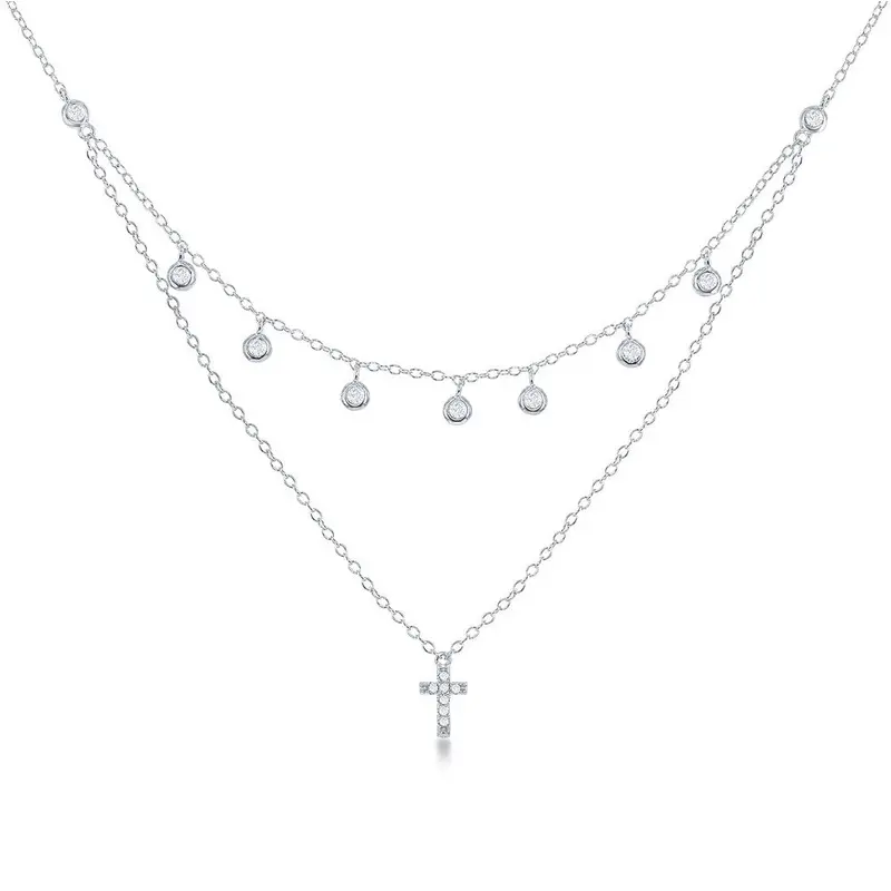 Sterling Silver Double Strand Bezel-set CZ with CZ Cross Necklace