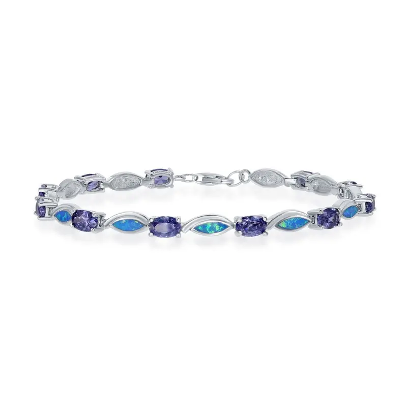 Sterling Silver Oval Tanzanite CZ and Blue Inlay Opal Marquise Bracalet