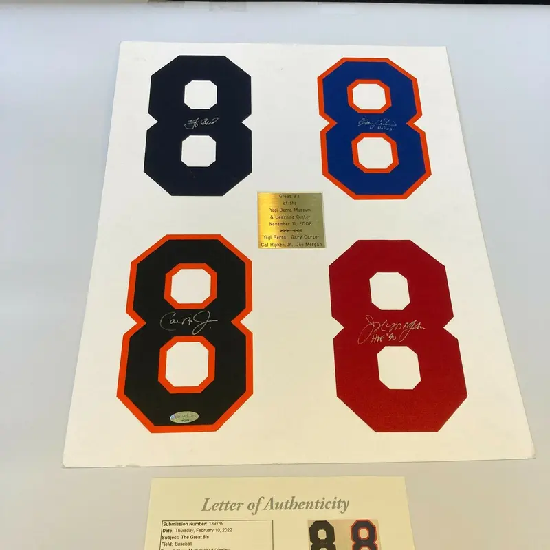 Yogi Berra Cal Ripken Jr Gary Carter Joe Morgan Signed #8 Jersey Numbers JSA COA