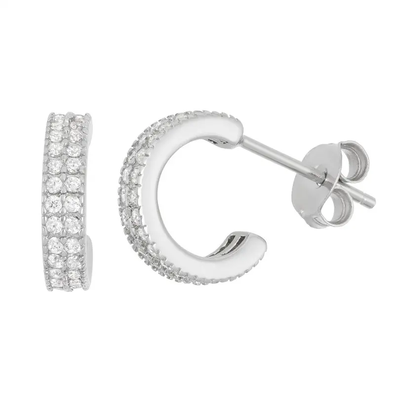 Sterling Silver 15mm Double Row CZ Hoop Earrings