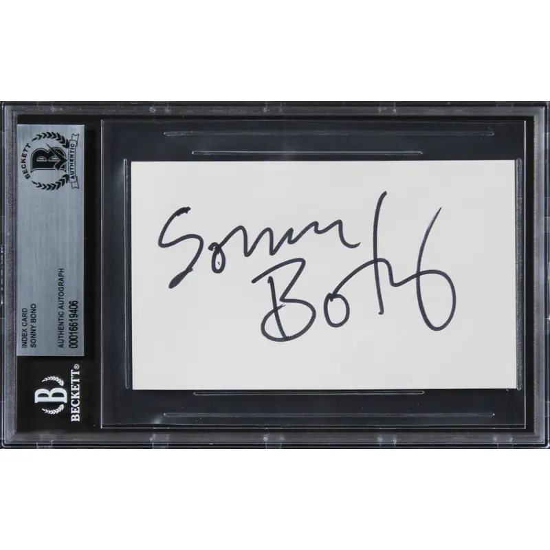 Sonny Bono Sonny & Cher Authentic Signed 3x5 Index Card Autographed BAS Slabbed