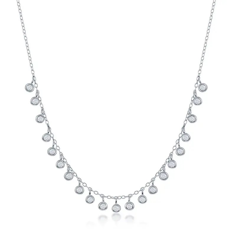 Sterling Silver Dangling Round Bezel-Set CZ Necklace