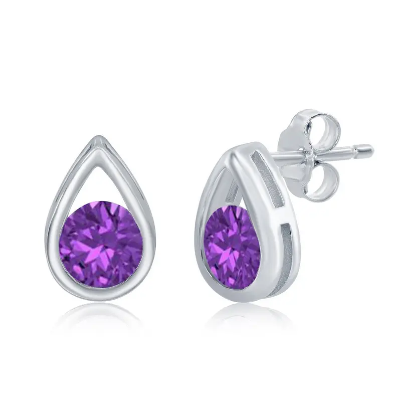 Sterling Silver 'February Birthstone' Pear-shaped Studs - Amethyst