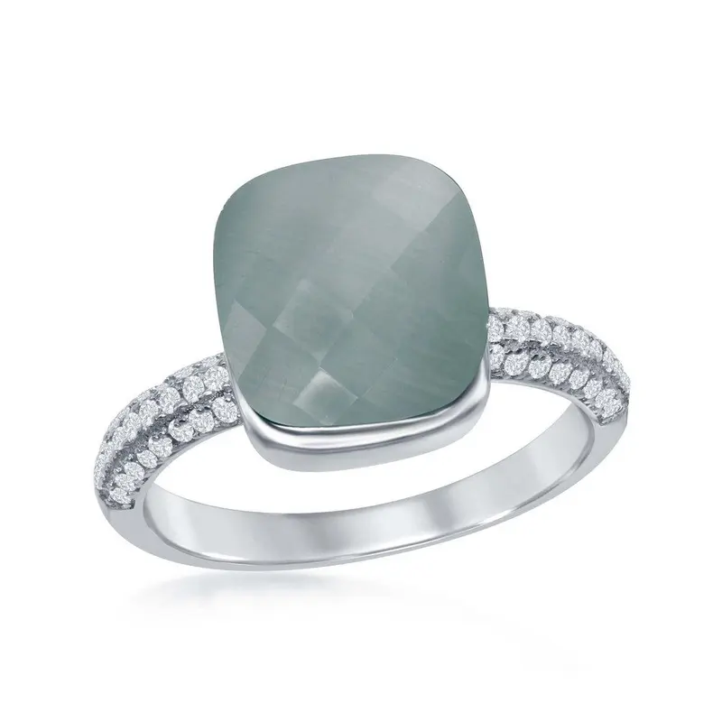 Sterling Silver Checkered Square Blue Cat's Eye with Half Micro Pave Band Ring