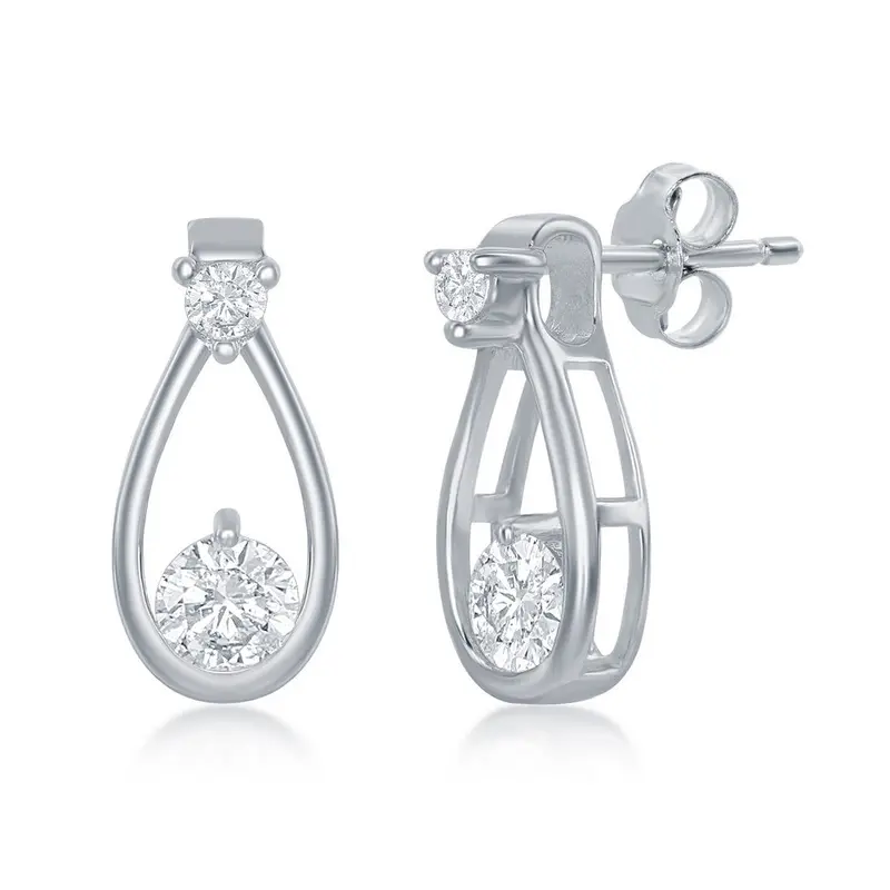 Sterling Silver Open Pearshaped Round CZ Stud Earrings