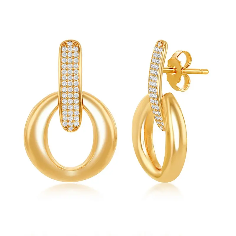 Sterling Silver Polished Door-Knocker Pave Earrings - Gold Plated