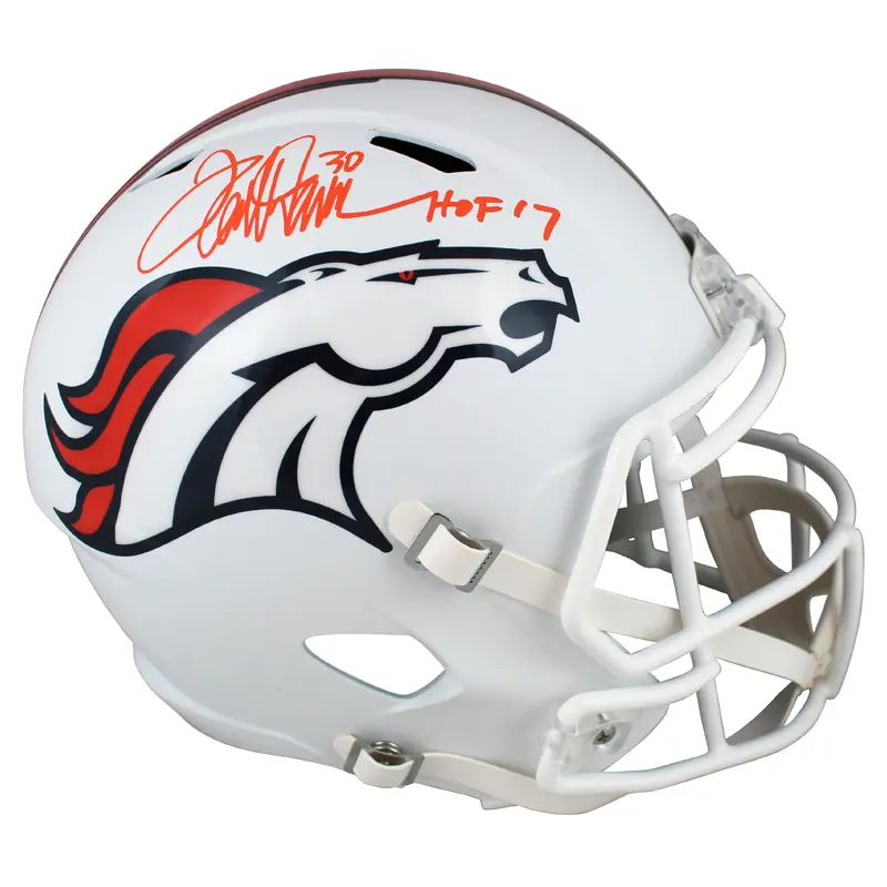 Broncos Terrell Davis "HOF 17" Signed Flat White Full Size Speed Rep Helmet BAS