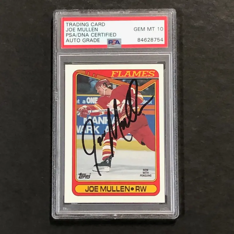 1990-91 Topps #218 Joe Mullen Signed Card AUTO 10 PSA Slabbed Flames
