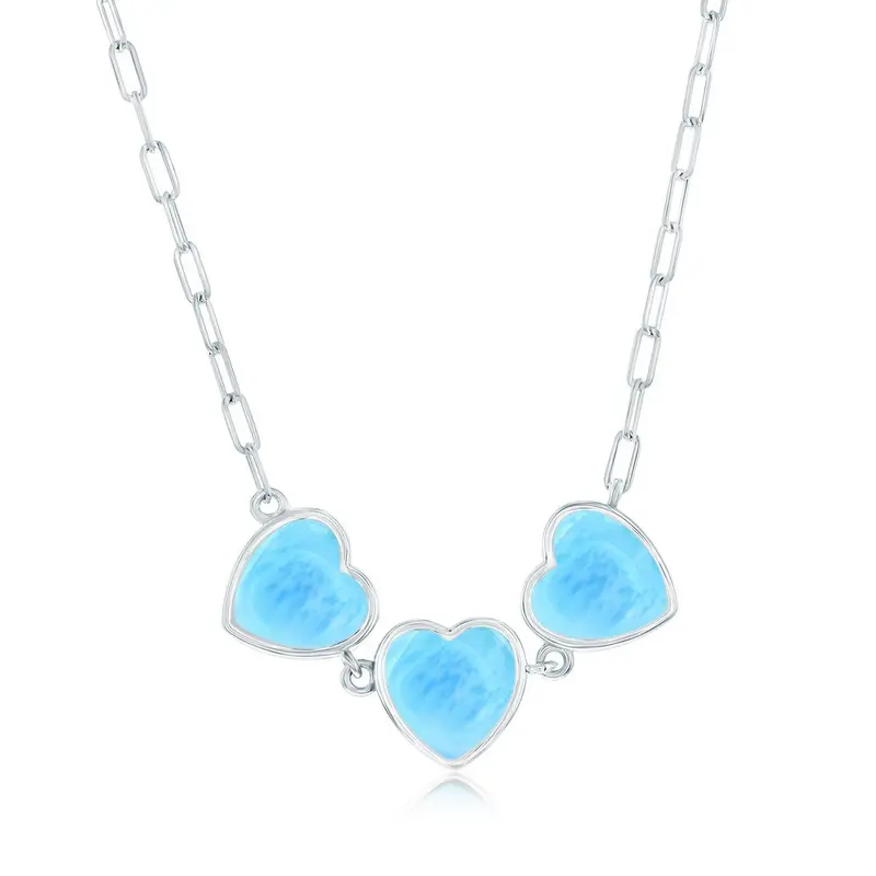 Sterling Silver, Triple Larimar Heart, Paperclip Necklace