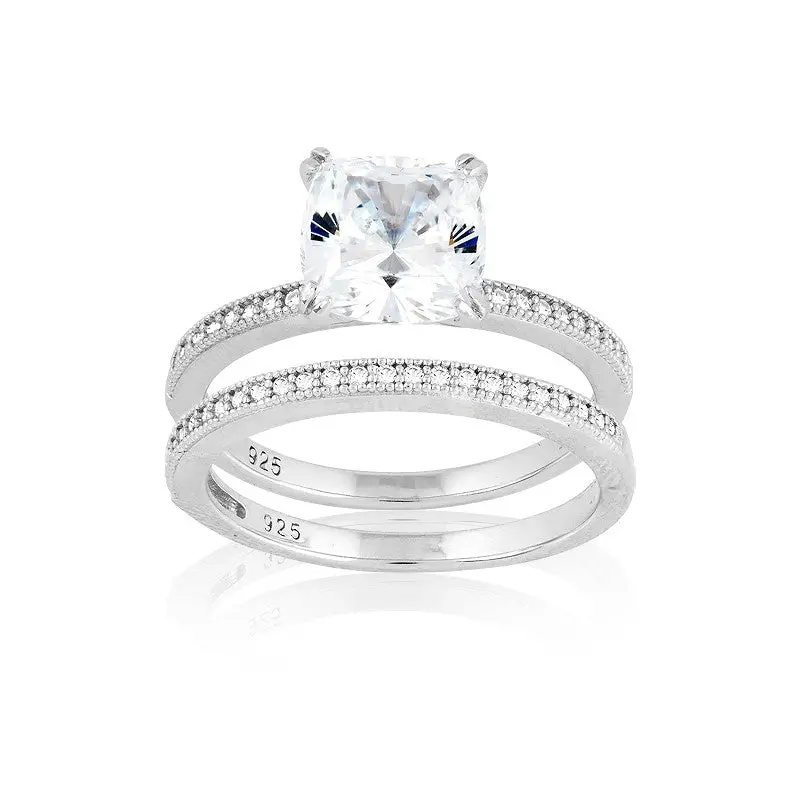 Sterling Silver Double-Band Large Center Square CZ Ring