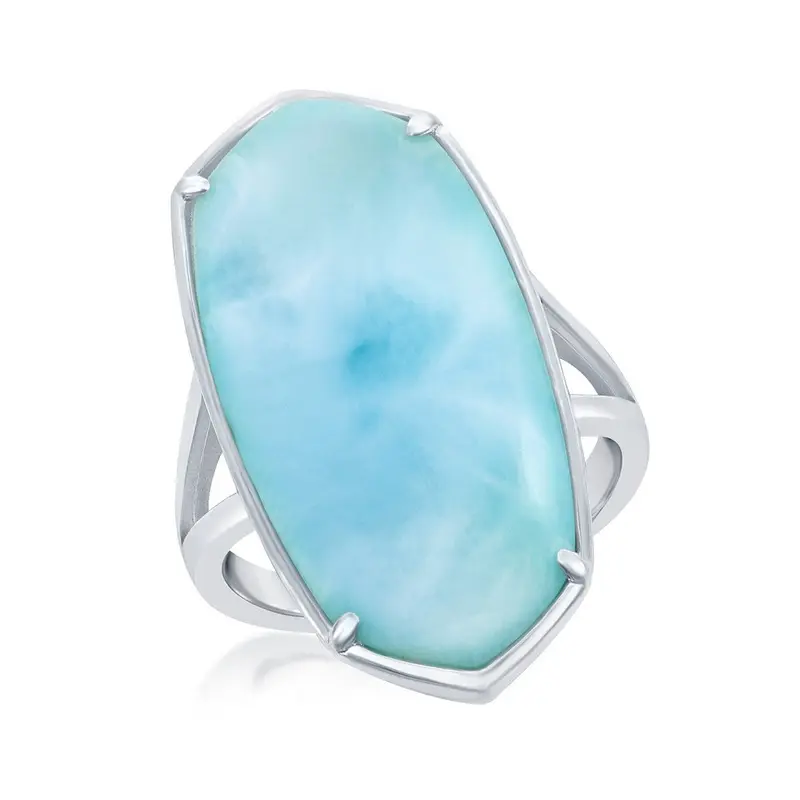 Sterling Silver Long Hexagon Larimar Ring