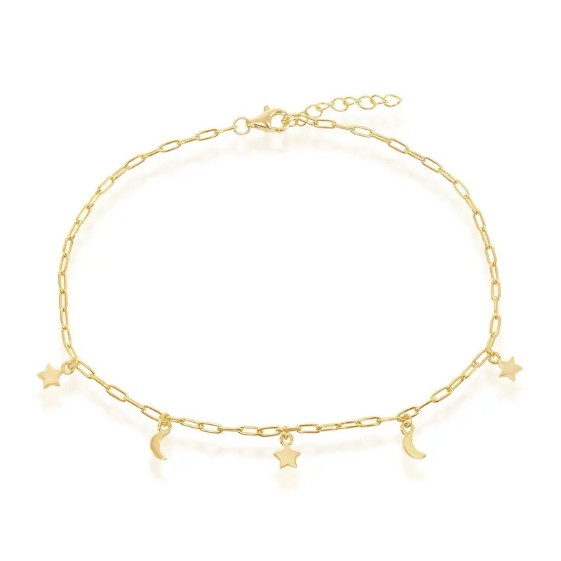Sterling Silver Moon & Star Charms Paperclip Anklet - Gold Plated