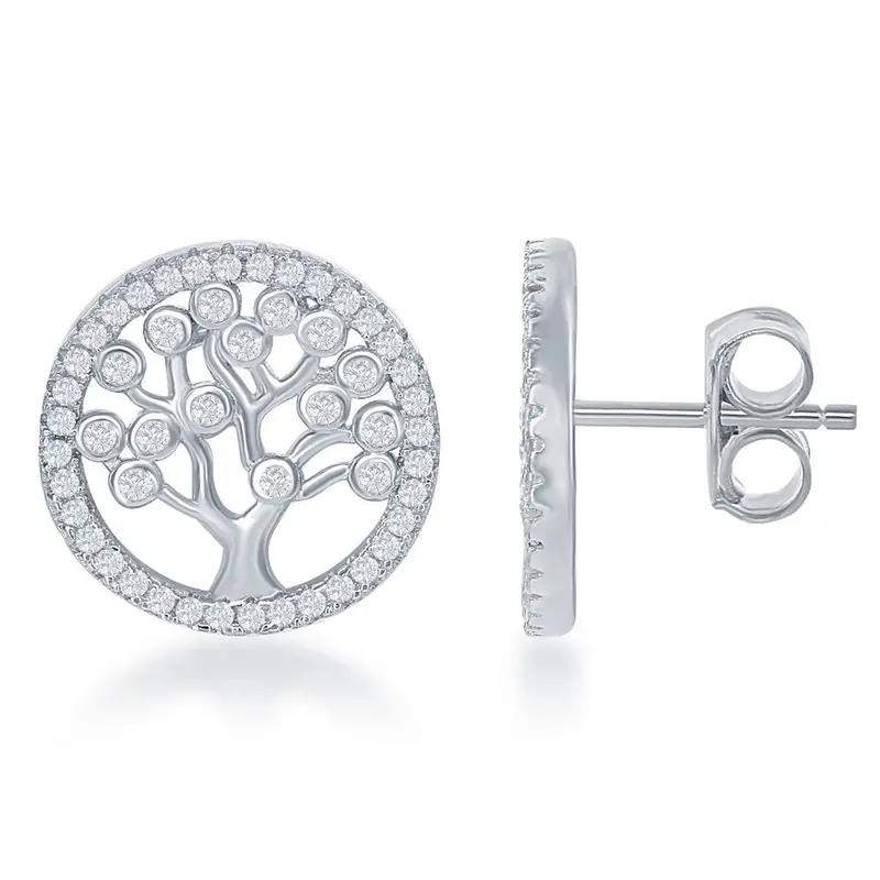 Sterling Silver CZ Round Tree  Earrings