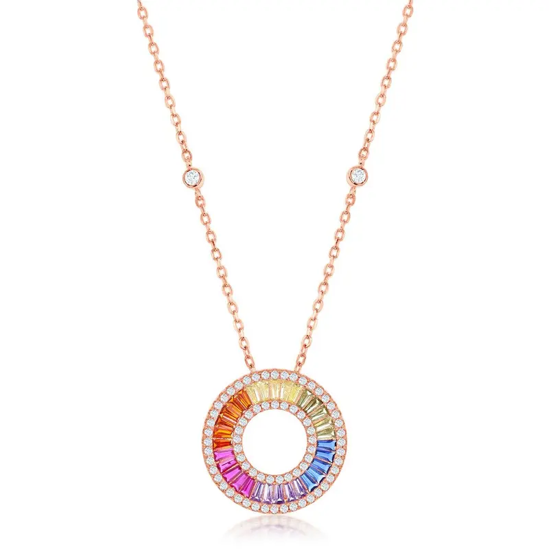 Sterling Silver, Rainbow Baguette CZ Open Circle Necklace - Rose Gold Plated