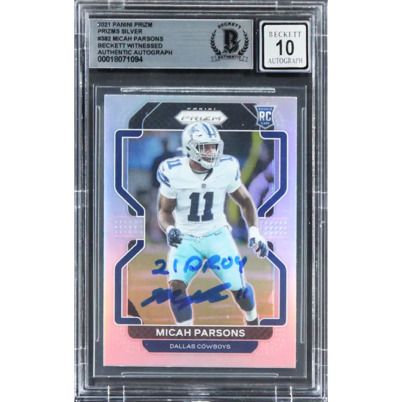 Micah Parsons Signed 2021 Panini Prizm Silver #382 RC Card Auto 10! BAS Slabbed