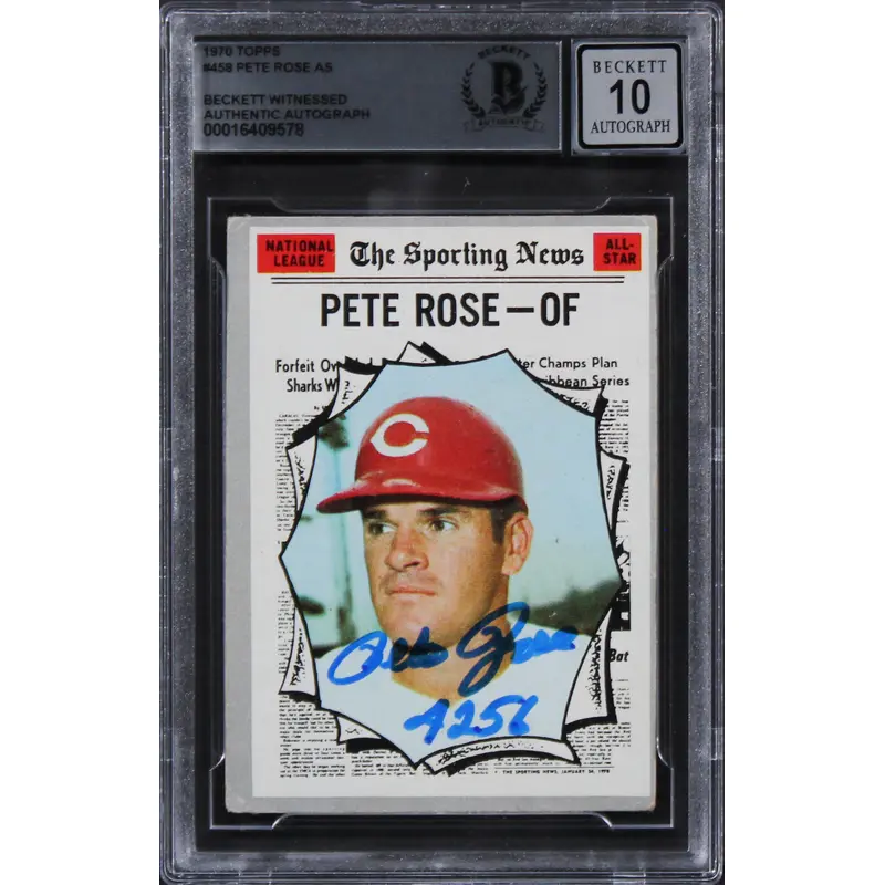 Reds Pete Rose "4256" Signed 1970 Topps #458 Card Auto 10! BAS Slabbed 7