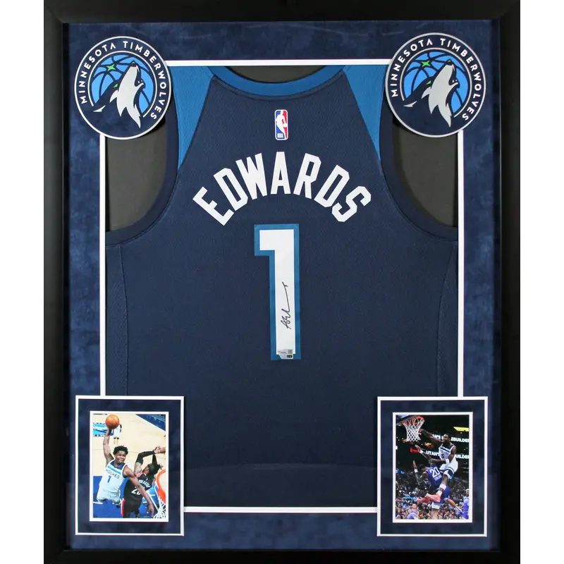 Timberwolves Anthony Edwards Signed Navy Blue Nike Framed Jersey Fanatics