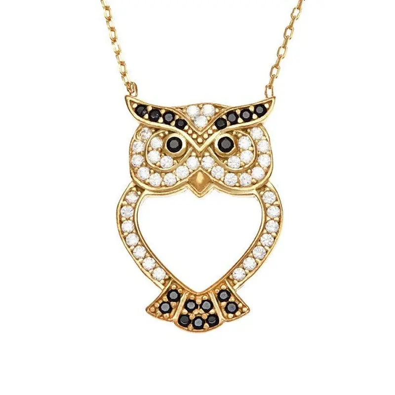 Sterling Silver CZ Open Owl Necklace - Gold Plated