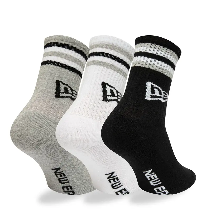 New Era Retro Stripe 3 Pack Crew Black, Grey and White Socks