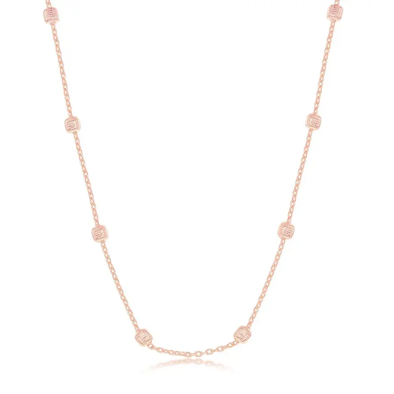 Sterling Silver Grid Square Beaded Chain - Rose Gold Plated