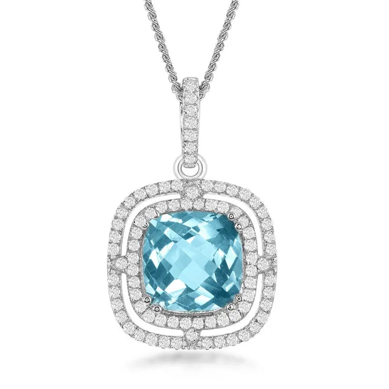 Sterling Silver Square Blue Topaz with Double White Topaz Border 4.69cttw Necklace