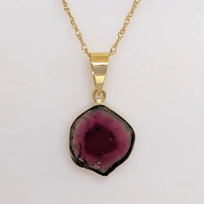 14K BI-COLORED TOURMALINE 11MM BEZEL ESTATE PENDANT & CHAIN 2.3 GRAMS