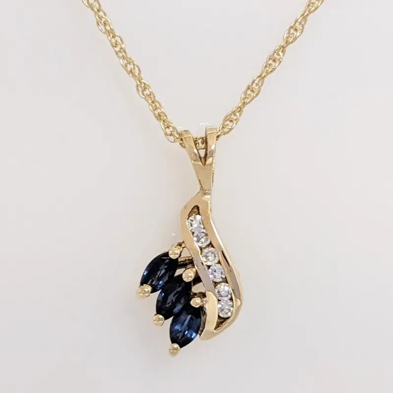 14K SAPPHIRE MARQUISE (3) 2X4 WITH (6) MELEE ESTATE PENDANT & CHAIN 2.1 GRAMS