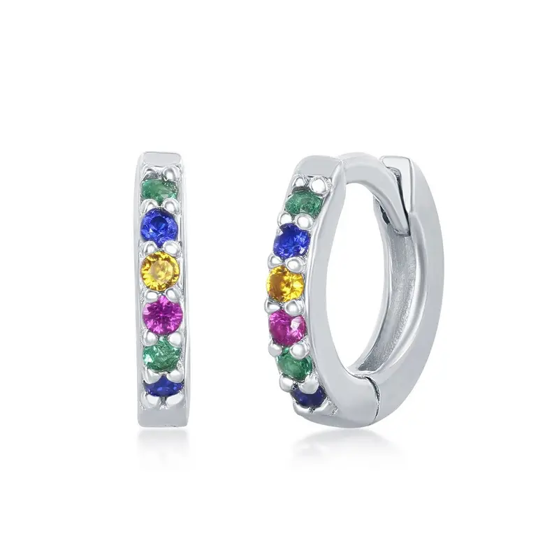 Sterling Silver Rainbow CZ Small Huggie Hoop Earrings