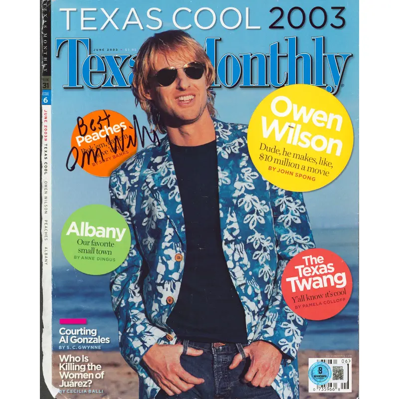 Owen Wilson "Best" Signed Texas Monthly Magazine Cover June 2003 BAS #BS20872