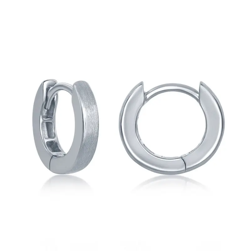 Sterling Silver, 3x13mm Brushed Design, Huggie Hoop Earrings