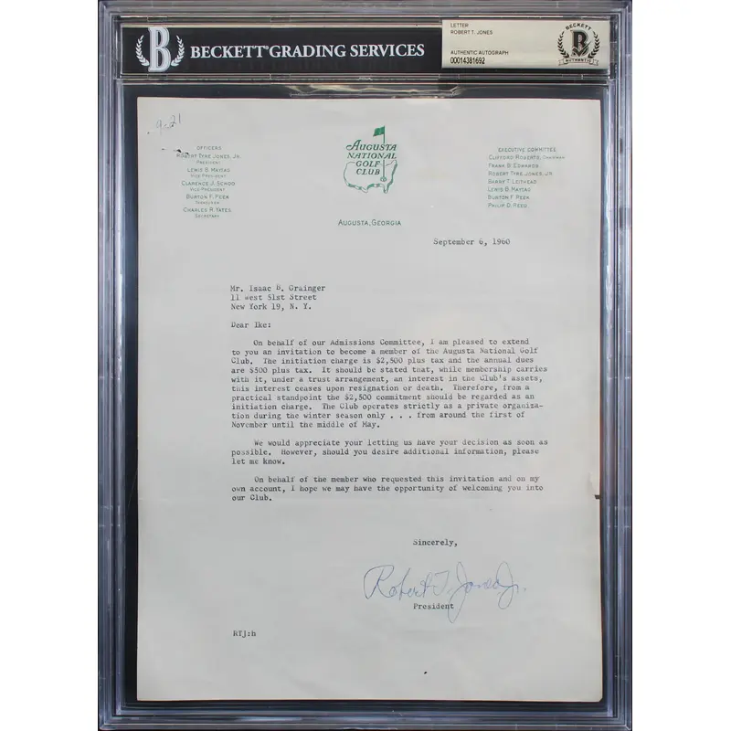Robert T Jones Signed 8.5x11 1960 Letter on Augusta National Letterhead BAS Slab