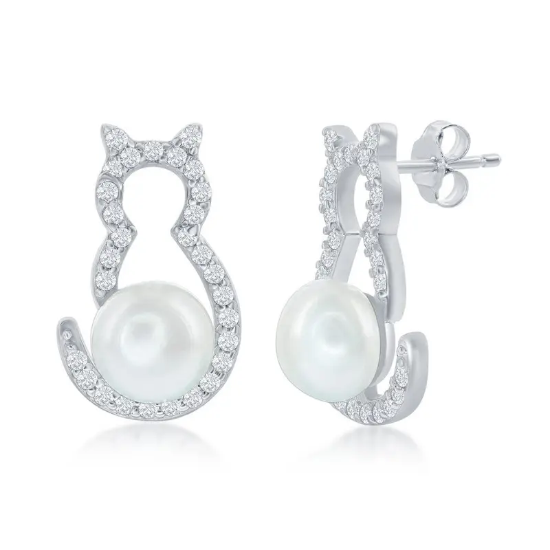 Sterling Silver CZ Cat with Round Pearl Earrings